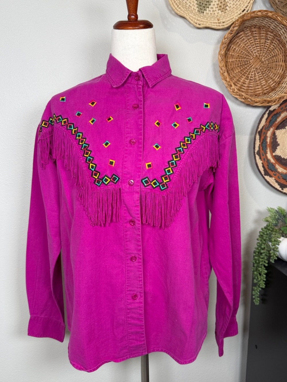 Vintage Side Saddle Western Shirt Button Up Pink Fringe 90’s Retro Cowgirl Med
